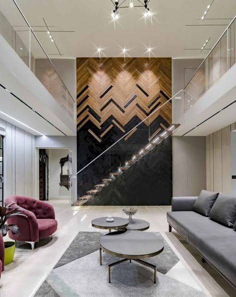 Top beautiful wall decor ideas Double Height Living Room, Tv Fal, Living Tv, Sala Grande, Stairway Design, Double Height, Stair Case, Hall Interior, Interior Wall Design