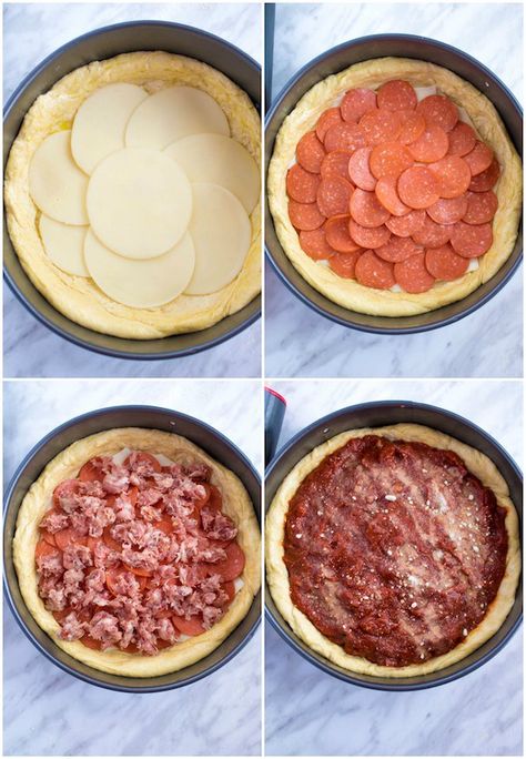 Deep Dish Pizza With Store Bought Dough, Easy Chicago Style Deep Dish Pizza, Cast Iron Deep Dish Pizza Chicago Style, Deep Dish Pizza With Pillsbury Dough, Easy Deep Dish Pizza Recipe, Deep Dish Pepperoni Pizza, Chicago Style Deep Dish Pizza Cast Iron, Deep Dish Cast Iron Pizza, Pizza Pie Deep Dish