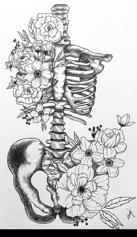 Flower Skeleton Drawing, Skeleton Body Sketch, Skeleton Body With Flowers Tattoo, Skeleton Tattoo Feminine, Floral Skeleton Tattoos For Women, Xray Tattoo Ideas Bones, Skeleton And Flowers Drawing, Skeleton Flower Drawing, Spine Art Drawing