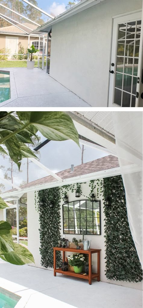 Blank patio turned plant-filled retreat | House Mix Lanai Decor, Screen Pergola, Lanai Decorating, Pergola Wall, Florida Lanai, Ivy Plant Indoor, Mirror And Console, Pergola Modern, Patio Wall Decor