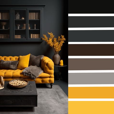 Dark Grey And Mustard Living Room, Yellow Couch, Creative Room, Yellow Interior, Black Chair, Dark Yellow, Yellow And Brown, Mustard Yellow, Black N Yellow