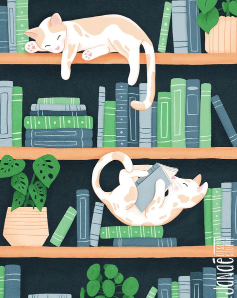 Introduce a touch of whimsy and literary charm to your home decor with our digital download illustration featuring bookshelves adorned with two adorable cats. One cat is engrossed in a book, while the other peacefully naps, surrounded by plants and books. The overall color scheme of blues, greens, and oranges creates a cozy and inviting atmosphere. Animals With Books, Cozy Art Aesthetic, Bookshelves Drawing, Bookcase Illustration, Bookshelves Illustration, Cats And Books, Cat In Bookshelf, Library Illustration, Books Illustration