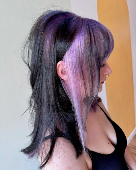 lavender 👻 roots and color block #ghostroots #lavenderhair #colorblock #colorblockhair #twotonedhair #gothhair #althair #althairstylist #haircolorist #phillyhairstylist #phillyhair #phillyvivids #vividhairphilly #althairphilly #queenvillage #southphilly Blonde Hair Purple Peekaboo, Iroiro Purple, Black And Color Hair Ideas, Purple Blonde And Black Hair, Dimensional Purple Hair, Dark Purple Underneath Hair, Purple Hair With Black Roots, Black And Lilac Hair, Block Hair Coloring