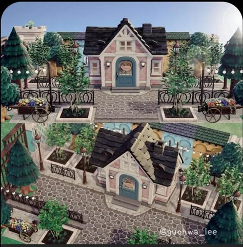 Acnh Scenery, Island Home Exterior, Acnh Medieval, Acnh Towncore, House Layout Design, Acnh House, Cottagecore Animal Crossing, Old Money House, Japanese Town