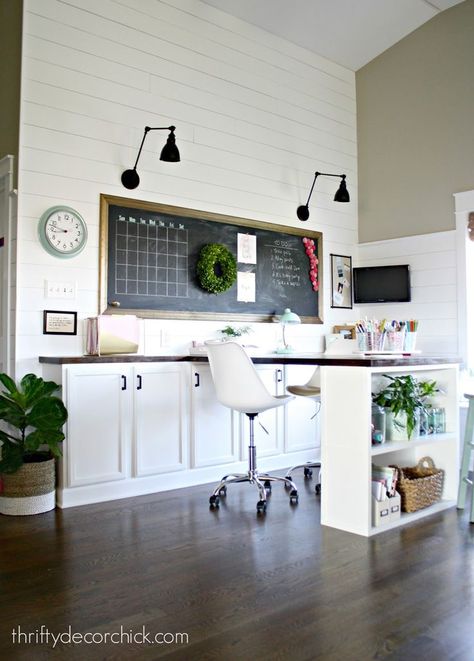 Craft Room Makeover Unfinished Kitchen Cabinets, Wrapping Station, Thrifty Decor Chick, Stock Cabinets, Craft Room Design, Desk And Chair, Rooms Ideas, Custom Built Ins, Office Crafts