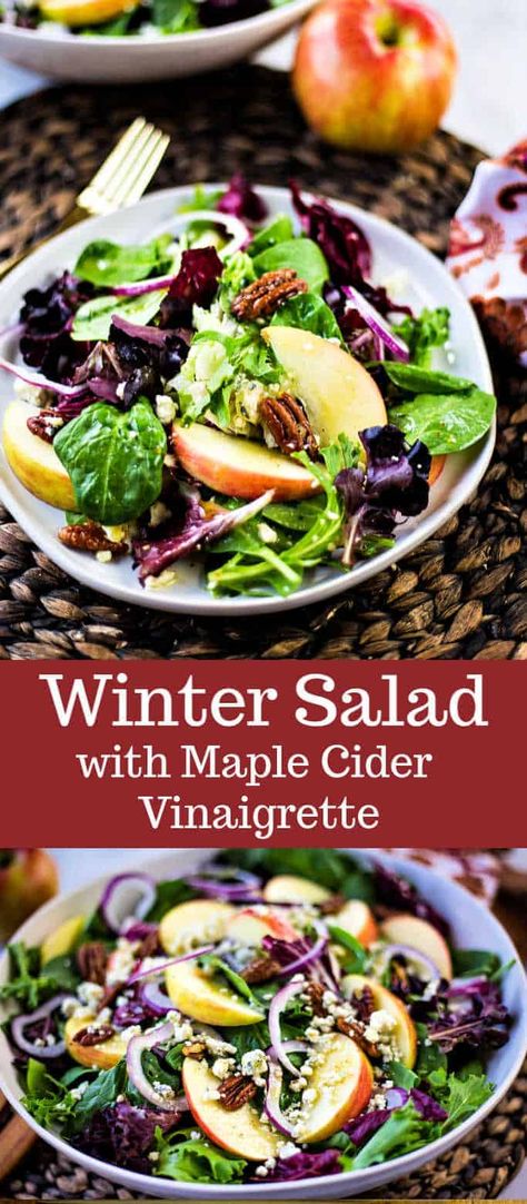 Winter Salad with Maple Cider Vinaigrette features crisp apples, red onion, and blue cheese crumbled all tossed together with salad greens and sprinkled with homemade candied pecans. Maple Cider Vinaigrette, Food Dressing, Cider Vinaigrette, Viral Recipes, Fall Salad, Yummy Salads, Salad Mixed Greens, Scrumptious Food, Vinaigrette Recipe