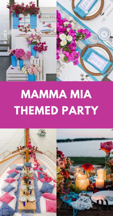 33 Best Mamma Mia Themed Party Ideas [2024] Mamma Mia Table Decorations, Mama Mia Themed Party Ideas, Abba Themed Party Food, Mama Mia Photo Booth, Mamma Mia 50th Party, Mama Mia Themed Pool Party, Mama Mia Table Settings, Momma Mia Baby Shower Ideas, Mamma Mia Themed Desserts