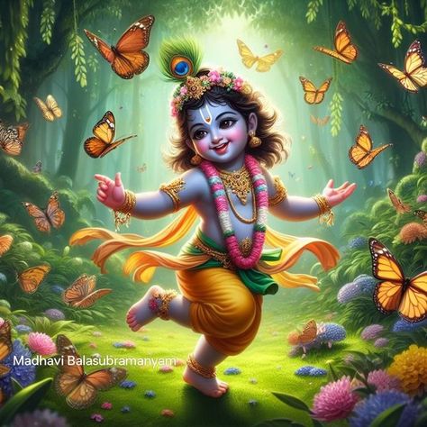 Indian Ai art | Prompt : The playful energy of little Krishna as he dances among a swarm of delicate butterflies, his laughter echoing through the lush green forest | Facebook Krishna Dancing, Little Krishna, Radha Krishna Art, Cute Krishna, Krishna Art, Art Prompts, My Photo Gallery, Lush Green, Krishna