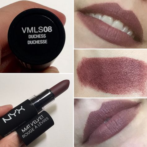 NYX Velvet Matte Lipstick in Duchess. A beautiful dark brown-pink nude. Brown Mauve Lipstick, Dark Mauve Lipstick, Lipstick Mauve, Nyx Suede Matte Lipstick, Revlon Sassy Mauve Lipstick, Mauve Lipstick, Nyx Lipstick Matte, Nyx Lipstick, Tom Ford Makeup