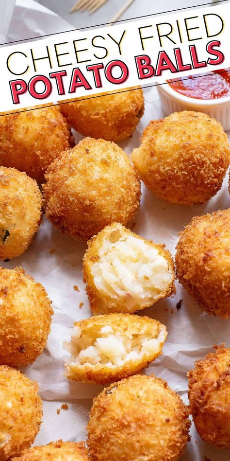 Potato Cheese Balls Air Fryer, Creative Meal Ideas, Deep Fried Mashed Potato Balls, Gathering Food Ideas, Appetizer Balls, Mashed Potato Croquettes, Cheesy Potato Bites, Creative Dinner Ideas, Fried Potato Balls