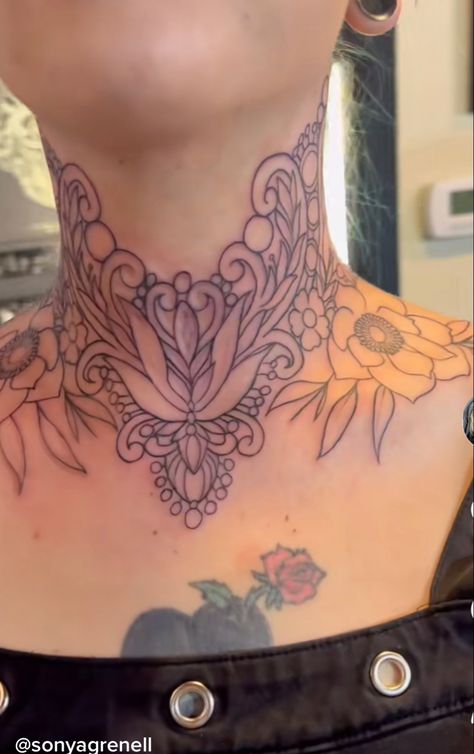 Neotraditional Throat Tattoo, Flowers Throat Tattoo, Fine Line Throat Tattoos Women, Lotus Flower Throat Tattoo, Feminine Throat Tattoos For Women, Witchy Throat Tattoo, Neck Throat Tattoos Women, Throat Tattoos Women Simple, Feminine Throat Tattoos