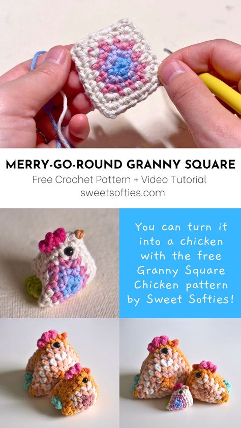 Merry-Go-Round Granny Square · Free Crochet Pattern - Sweet Softies Granny Square Plushie, Crochet Granny Square Chicken, Granny Square Chicken Free Pattern, Granny Square Chicken Pattern, Chicken Granny Square Crochet Pattern, Granny Square Chicken, Round Granny Square Pattern Free, Granny Square Animals, Market Crochet Ideas