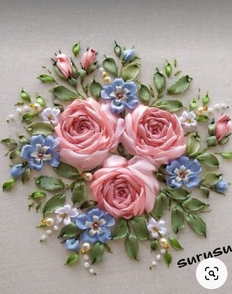 Suru Silk Ribbon Embroidery Tutorial, Sulaman Pita, Silk Ribbon Embroidery Patterns, Ribbon Embroidery Kit, Ribbon Embroidery Tutorial, Ribbon Crafts Diy, Hand Embroidery Patterns Flowers, Handmade Embroidery Designs, Pola Sulam