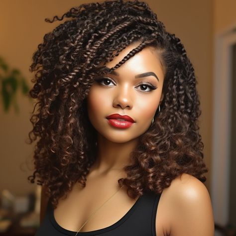 Bohemian Passion Twist With Curls, Passion Twists Highlights, Medium Knotless Passion Twists, Small Passion Twists Hairstyle, Medium Length Passion Twists, Passion Twist Crochet Hairstyles, African Hair Braiding Styles Ideas, Micro Passion Twists, Crocheted Braids