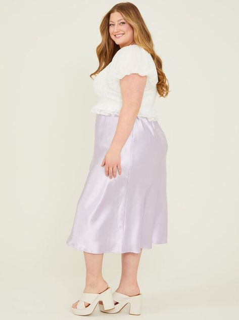 Gabriella Satin Midi Skirt in Lavender | Arula Satin Midi Skirt, Midi Skirt, Lavender, Satin, Skirt