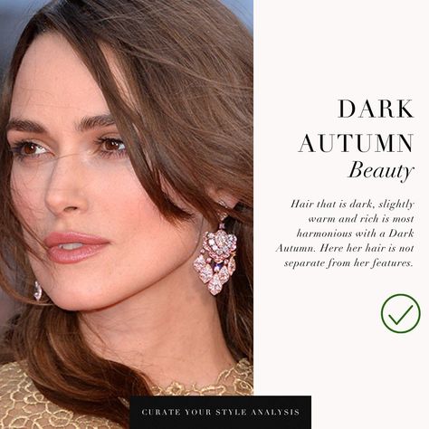 Refining Keira Knightley’s hair through a colour analysis lens reveals her as a Dark Autumn / Deep Autumn, leaning towards warmth. Optimal harmony with her natural beauty is achieved when her hair tone aligns with these characteristics. Hence, hues that are excessively warm and light disrupt this balance. . #coloranalysis #colouranalysis #keiraknightley #deepautumn #darkautumn #autumnpalette Keira Knightley Hair, Autumn Deep, Style Analysis, Colour Analysis, Deep Autumn, Dark Autumn, Soft Autumn, Tone Hair, Keira Knightley