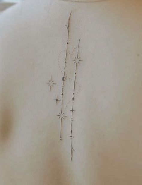 Fine Line Tattoo Ideas For Women Back, Constellation Tattoo Spine, Line Of Stars Tattoo, Spine Tattoo Delicate, Spine Star Tattoo, Spine Tattoos Moon And Stars, Linear Spine Tattoo, Star Tattoo Spine, Vertical Wrist Tattoo