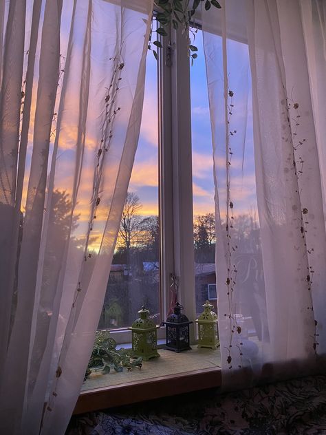 Sunset from my bedroom window🫶 #sunset #bedroom #view #sky #purple #purplesky #sun #clouds #aesthetic Lavender Curtains Bedroom, Purple Curtains Aesthetic, Purple Theme Bedroom, Aesthetic Curtains Bedroom, Pastel Purple Bedroom, Purple Curtains Bedroom, Purple Bedroom Aesthetic, Sunset Bedroom, Lavender Curtains