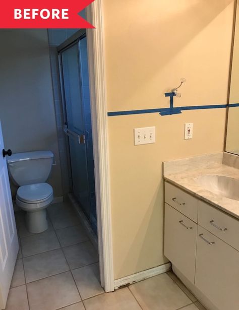 Before and After: This 1995-era master bathroom redo is just plain dreamy. | #masterbathroom #bathroommakeover #beforeandafter #bathroomtransformation #renovation Add A Bathroom, Condo Bathroom, Refinish Bathtub, Bathroom Remodel Cost, Bathroom Transformation, 90s Home, Glass Shower Enclosures, Bathroom Photos, Bathroom Pictures