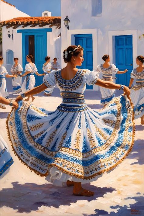 Traditional Greek Outfits, Water Nation, Dress Outline, Greek Dancing, Embroidered Outfit, Painting Of A Woman, Types Of Dancing, Bonfire Night, Yellow Outfit