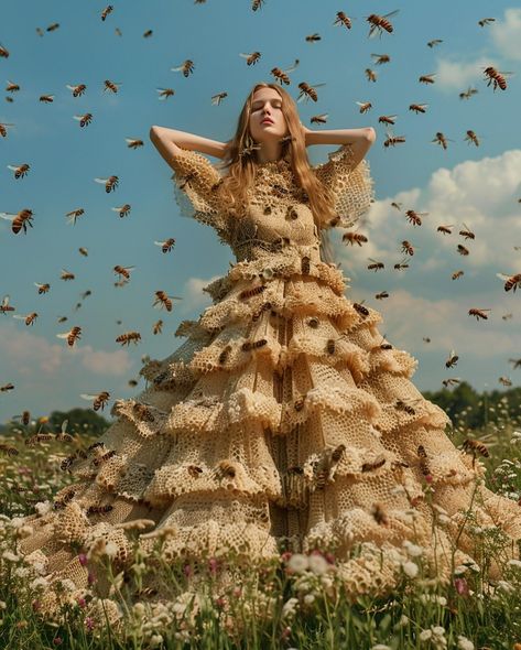 Queen Bee 🐝 : an eco-friendly clothing concept that turns your dress into a home for bees Still thinking about Spring/Ostara for this one for #landofblursed @blursed_montage and #chxrchchallenges @the_clone_supper #midjourneyfashion #aifashion #midjourneyconcept #midjourneycommunity #midjourneyv6 #midjourneyblend #midjourneysref #midjourneyai #fashionconcept #ecofriendly #bees #ecofriendlyfashion #aifashiondesign #midjourneyfashiondesign #midjourneyfashion Bee Clothes, Bee Outfit, Bee Fashion, Bee Dress, Instagram Queen, Flora Fauna, Eco Friendly Clothing, Eco Friendly Fashion, Bee Theme