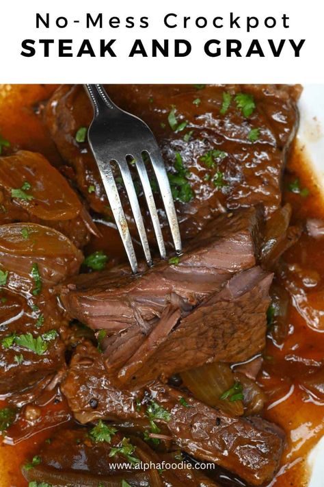 Turn up the flavor on steak night with this no-mess, no-fuss crock pot steak and gravy recipe that's succulent, tender, and swimming in a rich steak gravy. Steak And Gravy Recipe Crockpot, Crockpot Rib Steak Recipes, Beef Chuck Tender Steak Recipes Crock Pot, Beef Dinners Crockpot, Recipes For Steak Meat, Round Steak Recipes Crock Pot Crockpot, Sirloin Steak Crock Pot Recipes, Stew Meat Recipes Crock Pot Healthy, Slow Cooker Sirloin Steak Recipes