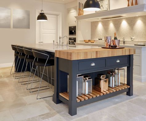 Black and Grey Kitchen | Black Painted Kitchen | Tom Howley Kitchen Chopping Block Island, Butcher Block Island Extension, Chopping Block Island, Butchers Block Island, Black And Grey Kitchen, Grey Painted Kitchen, Tom Howley, Kitchen Diners, Unique Kitchen Design