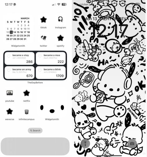 pochacco themed homescreen Sanrio Home Screen Layout, Pochacco Iphone Layout, Pochacco Homescreen Layout, Pochacco Icons Black, Pochacco Phone Theme, Ios 16 Sanrio, Pochacco Wallpaper Ipad, Sanrio Pochacco Wallpaper, Pochacco App Icons