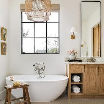 Light Fixture Over Bathtub, Living Room Throws, Wood Light Fixture, Deep Soaking Tub, Vanity Drawers, Calming Spaces, Timeless Interiors, Spa Like Bathroom, Transitional Bathroom