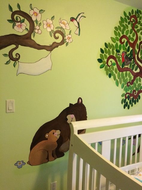 Nursery mural by Iris Low irislow.com Lion King Nursery, Branch Painting, Painting On Wall, Big Boy Bedrooms, Kids Room Murals, Baby Room Themes, Kids Room Paint, Nursery Mural, Baby Boy Room Decor