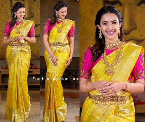 Yellow Kanjeevaram Saree, Yellow Pattu Saree, Yellow Silk Saree, Niharika Konidela, Pink Blouse Designs, Bridal Sarees South Indian, Pattu Saree Blouse Designs, Wedding Saree Blouse Designs, Indian Saree Blouses Designs