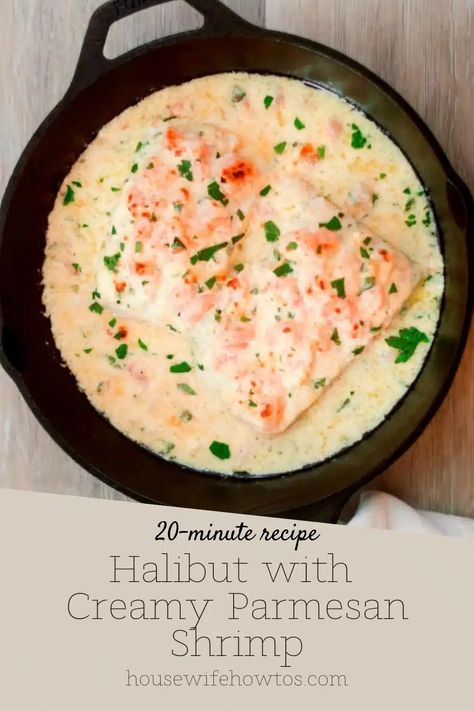 Easy, Low-Carb Halibut With Creamy Parmesan Shrimp Recipe Halibut Recipes Baked, Parmesan Shrimp, Halibut Recipe, Shrimp Parmesan, Halibut Recipes, Seafood Recipes Healthy, Parmesan Recipes, Meatless Mondays, Shellfish Recipes