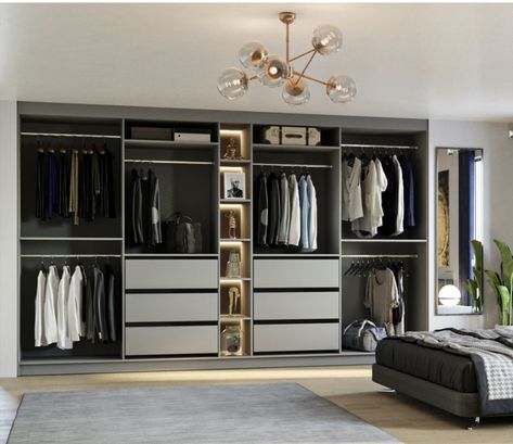 Open Shelf Wardrobe Design, Built In Bedroom Drawers Ideas, Grey Walk In Wardrobe, His And Her Wardrobe Ideas, Fitted Wardrobe Layout Ideas, Wardrobe Divisions, Shelves For Walk In Closet, Built In Open Wardrobe Ideas, Built In Open Wardrobe