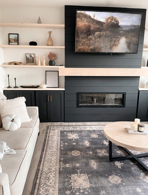 Big Tv Over Fireplace Ideas, Wall Units Living Room Built Ins With Fireplace, Tri Level Interior Design, Faux Fireplace Built Ins, Basement Gas Fireplace Ideas, Tv Above Gas Fireplace, Black Built Ins Fireplace, Gas Fireplace With Built Ins, Built In With Tv