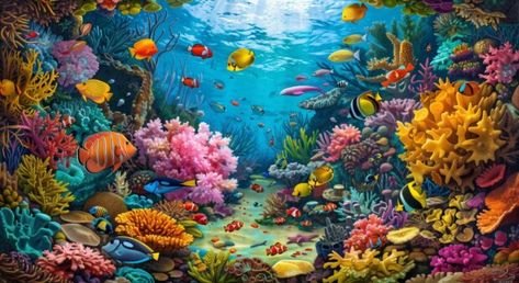 A vibrant coral reef teeming with colorful ocean fish and marine life, HD Wallpaper. Marine Life Landscape, Ocean Fish Wallpaper, Ocean Images, Ocean Fish, Fish Wallpaper, Ocean Wallpaper, Fish Art, Coral Reef, Marine Life