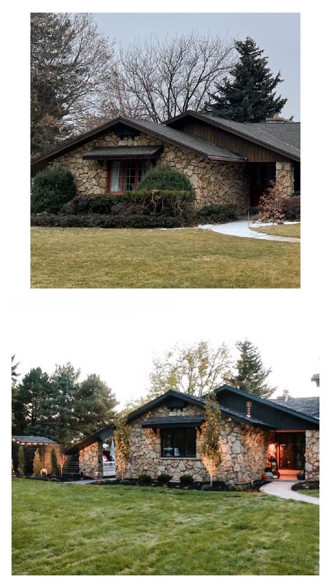 We went back and forth on if we were going to keep the rock on the exterior of our 1970’s home. I was actually certain we would change the rock outside when we bought the house, but decided to just wait to see what the exterior looked like once we painted the house black. #exteriorupgrade #stoneexterior Rock Houses Exterior, Rock Homes Exterior, River Rock Exterior House, 1970s Exterior Update, Updating Stone Exterior House, Exterior House Colors With Rock, 1970s Stone House Exterior, Yellow Stone House Exterior, 70s Stone Exterior Remodel