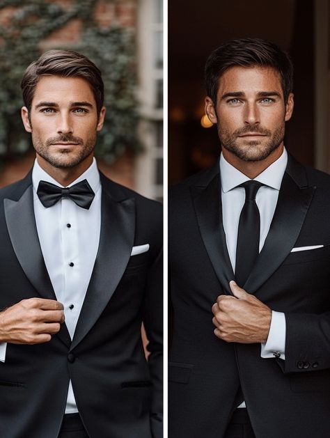 Bow tie or necktie? Which one suits your style? Visit our website to find your perfect look.   https://suitcentury.com/suits/black-suit   #SuitStyle #FormalWear #menssuitstyle #mensfashion #menssuits #mensstyle #suitstyle #suits #menstyle #suitup #menswear #suitandtie #men #dapperfashion #style Groom Suit Black Tuxedos, Black Wedding Tuxedo Groom Attire, No Tie Groom, Black Suit With Bow Tie, Black Suit Groomsmen, Black Suit Bow Tie, Black Suit Groom, Coat Pant For Men Suits Wedding, Black Tie Groom