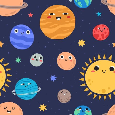 Cute smiling planets in outer space seam... | Premium Vector #Freepik #vector #background #pattern #design #star Outer Space Illustration, Childish Background, Neon Carnival, Monochrome Posters, Celestial Objects, Space Illustration, Leaflet Design, Pottery Workshop, Cartoon People