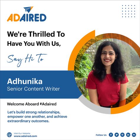 Welcome aboard Adhunika 🎉🎊 We're thrilled to have you join us on this exciting journey. Your unique talents, skills, and fresh perspectives will undoubtedly make a valuable contribution to our collective success. Here's to new beginnings, growth, and endless possibilities! We're excited to see what we'll achieve together. #welcomeaboard #newhire #contentwriting #contentwriter #joining #newcolleague #newjoining #employeeengagement #newemployee #adaired #team #congratulations Welcome New Employee Poster, Welcome Aboard New Employee, Here's To New Beginnings, Unique Talents, Education Poster Design, To New Beginnings, Welcome Aboard, New Employee, Welcome Poster