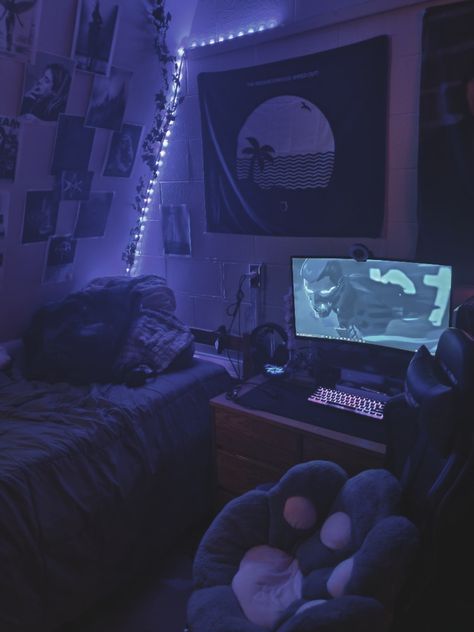 My emo gamer dorm room Cozy Gaming Room Aesthetic, Gamer Guy Room Aesthetic, Grunge Gamer Aesthetic, Emo Gaming Setup, Gamer Dorm Room, Emo Dorm Room, Goth Gamer Room, Gamer Bedroom Aesthetic, Emo Aesthetic Room