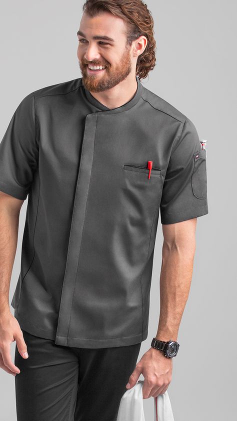 This chef coat includes a pocket on the chest and the left sleeve. Back mesh panels and back yoke details complete the look of this modern chef coat Chef Coats Mens, Kitchen Uniform Ideas, Chefs Jacket Design, Chef Jacket Design Men, Chef Coat Design Men, Chefs Coat, Chef Coat Design, Chef Jackets Design, Chefs Jacket