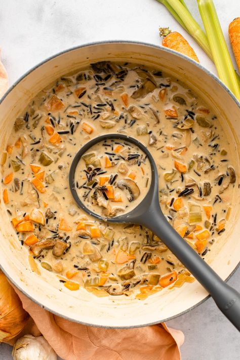 Creamy and cozy, this Wild Rice Mushroom Soup is just as thick, creamy, and flavorful as the traditional wild rice soup, but made entirely from healthy plant-based ingredients. Vegan, Gluten-free. Mushroom Soup Vegan, Wild Rice Mushroom Soup, Rice Mushroom Soup, Wild Rice Mushroom, Creamy Wild Rice, Vegan Mushroom Soup, Vegan Stuffed Mushrooms, Slow Cooker Beans, Quinoa Chili