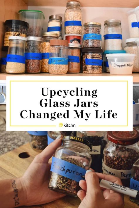 Empty Glass Jars Ideas, Canning Jar Storage Ideas, Upcycling Jars, Repurpose Glass Jars, Upcycle Glass Jars, Jars For Kitchen Storage, Upcycle Kitchen, Upcycle Jars, Reuse Jars