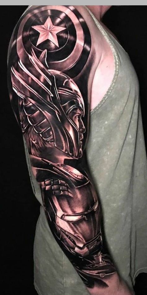 Iron Man Sleeve Tattoo, Marvel Full Sleeve Tattoo, Marvel Half Sleeve Tattoo, Marvel Tattoos Black And White, Marvel Tattoos Sleeve, Avengers Sleeve Tattoo, Static Shock Tattoo, Superhero Tattoos For Men, Thor Tattoo Marvel