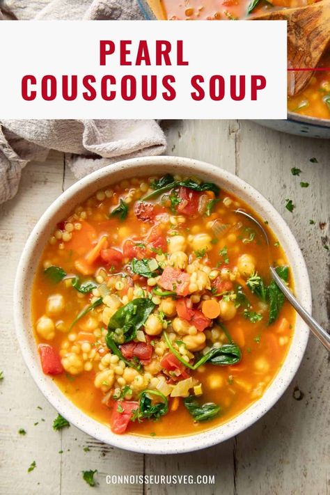 This vibrant couscous soup is made with veggies, warming spices, and pearl couscous in a spiced tomato broth. It's so easy to make and tastes like a big bowl of comfort! Couscous Soup Vegetarian, Pearl Couscous Soup, Couscous Soup, Vegan Stew Recipes, Making Couscous, Healthy Vegan Dinner Recipes, Clean Eating Soup, Pearl Couscous, Slow Cooker Stew