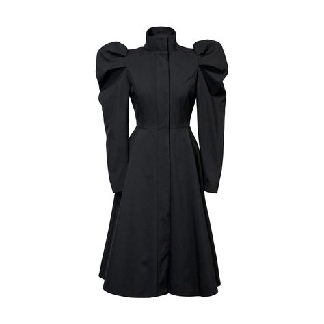 This vintage-inspired trench coat in solid black features a single-breasted style with hidden pockets in the side seams and a snap button closure, combining functionality with timeless elegance. Its fitted top transitions gracefully into a voluminous A-line skirt, while the balloon-style sleeves add a retro charm to the ensemble. Complete with a matching satin lining and water-resistant design, this coat keeps you stylishly dry. In the last three photos, the model is wearing the coat with a new accessory - a buckle belt with peplum detail. Membrane fabric: breathable (5 000 gsm) windproof material with warm 0°C (32°F) up to +20°C(68°F) fleece inner layer and woven water-resistant (10 000 mm) layer on the outside (94% polyester, 6% polyamide) Lining: High-quality Italian satin (100% polyest Vintage Coats For Women, Ladylike Dress, Angel Core, Womens Black Coat, Fashion Closet, Black Features, Fitted Top, Fashion Group, Winter Coats