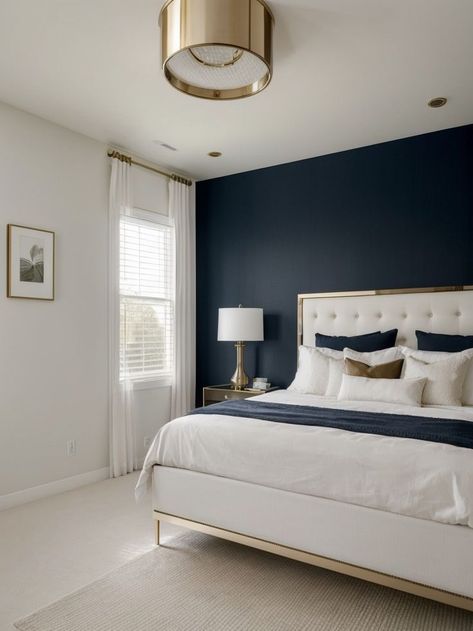 Hale Navy Accent Wall, Hale Navy Bedroom, Navy Blue Bedroom Walls, Navy Accent Wall, Blue Bedroom Paint, Bedroom Accents, Navy Bedroom, Blue Room Decor, Blue Bedroom Walls