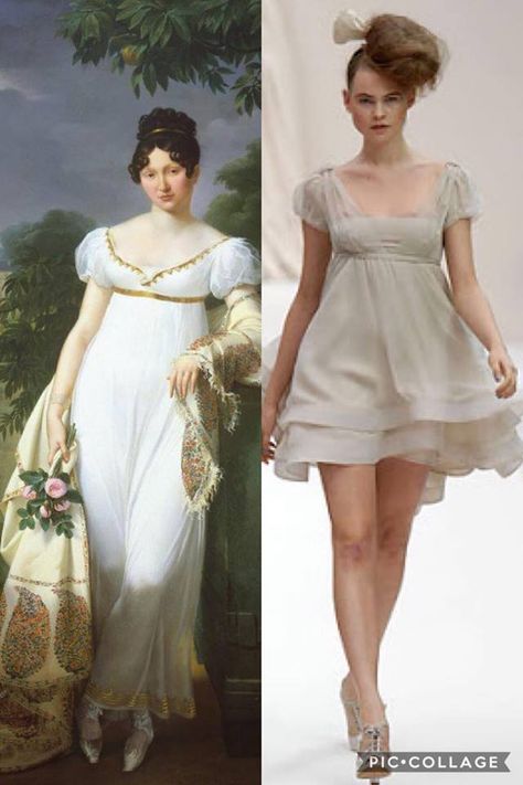 1.	Moschino March 2009 2.	Early 19th Century Dress: https://bellatory.com/fashion-industry/Fashion-History-Early-19th-Century-Regency-and-Romantic-Styles 3.	The famous “Baby doll” look was not first seen walking down the runway, this almost innocent looking dress was famous in the closing years of the period. This dress was known for the tubular shape and waistline right under the bosom. Women now can wear this easy going dress while still looking cute and flirty! #babydoll #empire Early 19th Century Fashion, Athens Fashion, Sewing Costumes, 19th Century Dress, Classical Dress, Famous Babies, Century Dress, 19th Century Fashion, Jointed Dolls