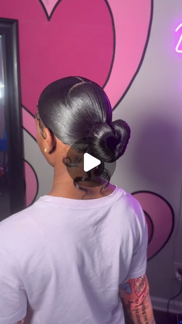 Ponytails Atl on Instagram: "Middle part heart shape bun 😍 
Purchase molding spray in bio 💗 restocking soon 
 Click in bio to book 💗
• Facebook: Naziyah Jones 
• stylist : @dolledbyzendy2 
#dolledbyzendy #sleekponytailatl #sleekponytailatlanta  #sleekponytail #atlantaponytail #hairstylistatlanta #wiginstallatlanta #atlwigslayer #wiginstall #weddinghairstyle #atlsleekponytail  #swoopponytailatl #wiginstallatlanta #babyhairs #atlbabyhair #atlantastylist #atlantahairstylist #atlponytails #atlsleekponytail #sleekponyatl #moldingspray #quickweavesatlanta #ponytailatlanta  #atlwiginstalls #ponytailatl #atlhairstylist #atlquickweaves" Knot Bun, Double Knot, Natural Hair Updo, Sleek Ponytail, Middle Parts, Middle Part, Richmond Va, Baby Hairstyles, Heart Shape