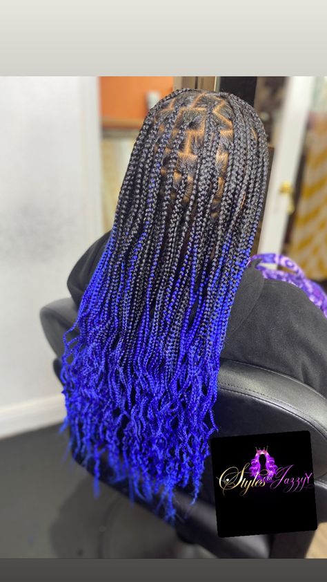 Knotless Box Braids Blue And Black, Blue Box Braids With Curly Ends, Blue Braids For Kids, Blue And Black Braids With Curls, Blue Braids With Curls, Black And Blue Braids With Curls, Black And Blue Knotless Braids, Blue And Black Box Braids, Blue Knotless Box Braids